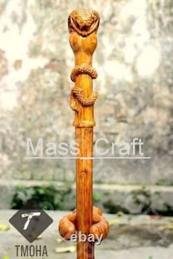 Hand carved snake head handle wooden walking stick handmade cobra walking cane A
