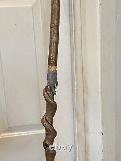 Hand carved wooden walking stick elephant. Honey suckle twist? Sterling silver co