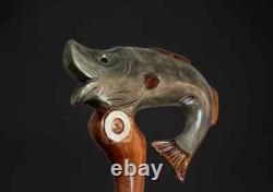Hand made hand carved fish wooden walking stick walking cane cristmas bestgift A