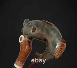 Hand made hand carved fish wooden walking stick walking cane cristmas bestgift A