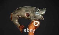 Hand made hand carved fish wooden walking stick walking cane cristmas bestgift A