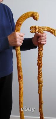 Handcrafted Carved Wooden Walking Stick with Artistic Human Figure Design