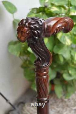 Handcrafted Wooden Hiking Lion Face Wooden Carved Walking Stick