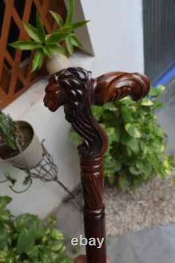 Handcrafted Wooden Hiking Lion Face Wooden Carved Walking Stick