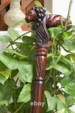 Handcrafted Wooden Hiking Lion Face Wooden Carved Walking Stick