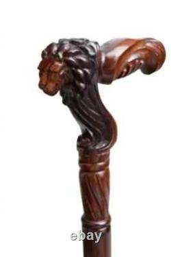 Handcrafted Wooden Hiking Lion Face Wooden Carved Walking Stick