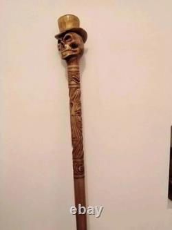 Handmade Carved Handle cane Hiking Stick Wooden walking Stick with skull Designe