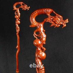 Handmade Carved Red Wood Buddhism Dragon Cane Walking Sticks Trekking
