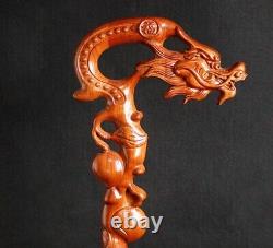 Handmade Carved Wooden Buddhism Dragon Cane Walking Sticks Trekking