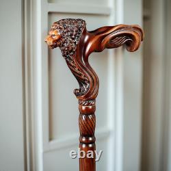 Handmade Lion Head Wooden Walking Cane Decorative Stick