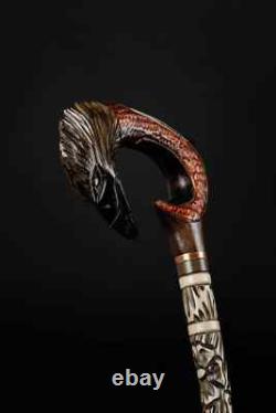 Handmade Raven Walking Cane Hand Carved Wood Birds Decorative