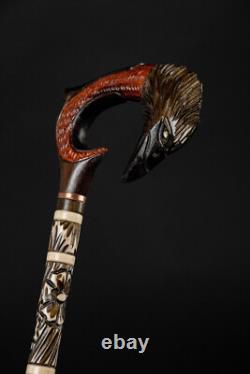 Handmade Raven Walking Cane Hand Carved Wood Birds Decorative