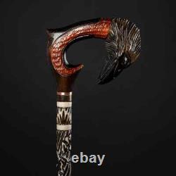 Handmade Raven Walking Cane Hand Carved Wood Birds Decorative