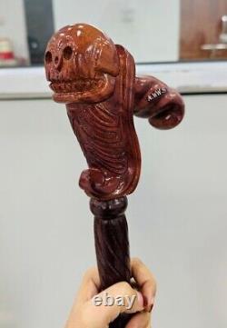 Handmade Skull Cane Wooden Walking Stick Ergonomic Palm Grip Handle Wood Carve