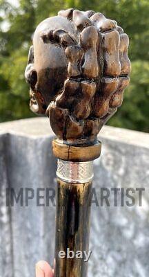 Handmade Skull Head Handle Wooden Walking Stick Designer Wooden Carved Walking