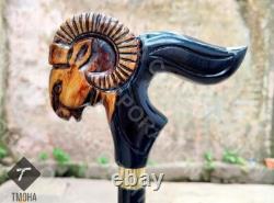 Handmade Unique Hand Carved Mountain Goat Head Handle Wooden Walking Stick Gift