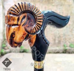 Handmade Unique Hand Carved Mountain Goat Head Handle Wooden Walking Stick Gift