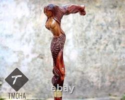 Handmade Unique Style Hand Carved Mermaid Head Wooden Walking Stick Cane Gift