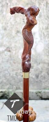 Handmade Unique Style Hand Carved Mermaid Head Wooden Walking Stick Cane Gift