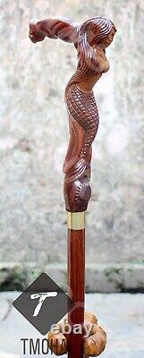 Handmade Unique Style Hand Carved Mermaid Head Wooden Walking Stick Cane Gift