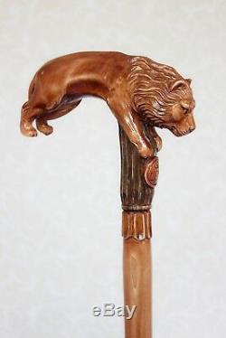 Handmade Walking stick cane Lion Wooden cane Hand carved handle