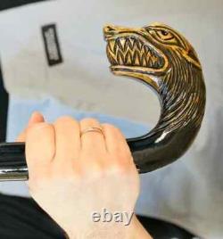 Handmade Wolf hand carved wooden walking cane for men women stick wolf Christion