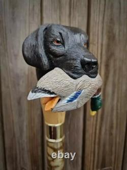 Handmade Wooden Walking Cane Hand-Carved Dog & Bird Design