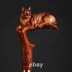 Handmade Wooden walking stick carved cat animal handle for men women walking