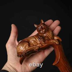 Handmade Wooden walking stick carved cat animal handle for men women walking