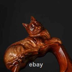 Handmade Wooden walking stick carved cat animal handle for men women walking