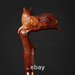 Handmade Wooden walking stick carved cat animal handle for men women walking