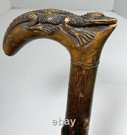 Handsome Antique hand carved Folk Art Alligator Cane, Walking Stick 34.5