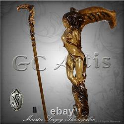Hard Wood Walking Cane Stick Hand Carved Forest Fairy Girl Fantasy Magic Mystic