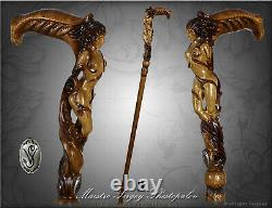 Hard Wood Walking Cane Stick Hand Carved Forest Fairy Girl Fantasy Magic Mystic