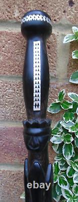 Hardwood ebony walking stick with Mop inlay and carved kings detail- lovely item