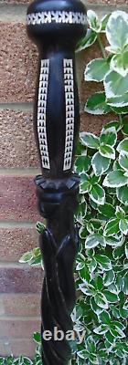 Hardwood ebony walking stick with Mop inlay and carved kings detail- lovely item