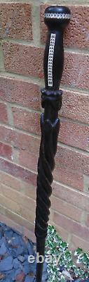 Hardwood ebony walking stick with Mop inlay and carved kings detail- lovely item