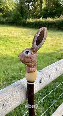 Hare Head Hand Carved in Lime wood Country Walking stick on Hazel Shank