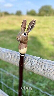 Hare Head Hand Carved in Lime wood Country Walking stick on Hazel Shank