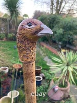 Hen Pheasant Head Hand Carved in Lime wood Country Walking stick on Hazel Shank