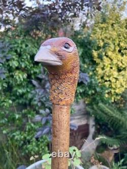 Hen Pheasant Head Hand Carved in Lime wood Country Walking stick on Hazel Shank