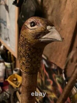 Hen Pheasant Head Hand Carved in Lime wood Country Walking stick on Hazel Shank