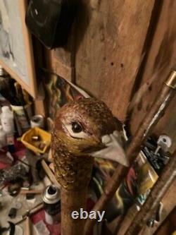 Hen Pheasant Head Hand Carved in Lime wood Country Walking stick on Hazel Shank