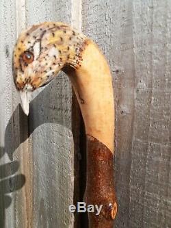Hen Pheasant carved by hand on hazel shank, walking beating stick