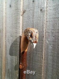 Hen Pheasant carved by hand on hazel shank, walking beating stick