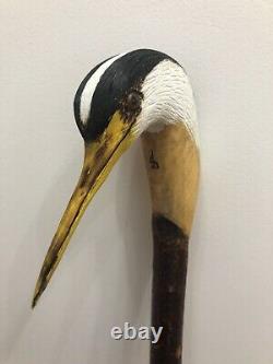 Heron head carved by hand on dark Chestnut shank, walking beating stick