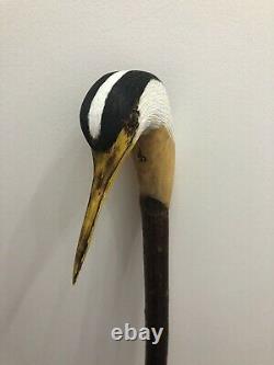 Heron head carved by hand on dark Chestnut shank, walking beating stick