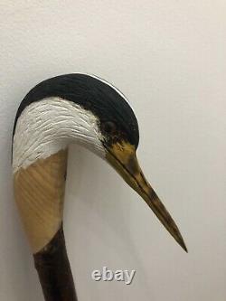 Heron head carved by hand on dark Chestnut shank, walking beating stick