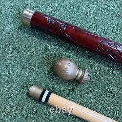Hidden Pool Cue Hand Carved Wood Dragon Brass Walking Stick/Cane NEEDS CUE TIP