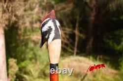 Hiking staff wood walking stick realistic woodpecker wood bird, hand carved